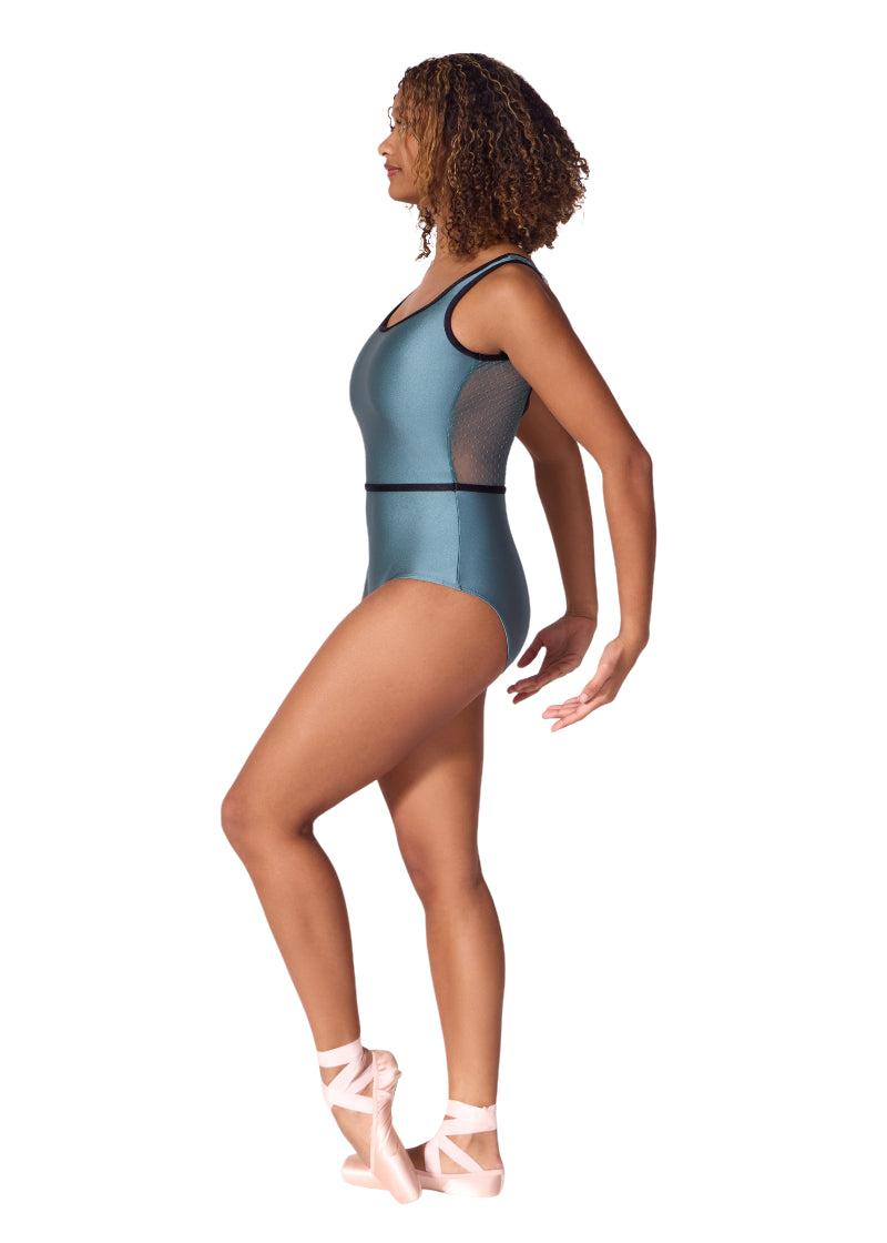 Capezio women's Graceful tank leotard in blueish green with textured mesh back panel and black binding and waistband.