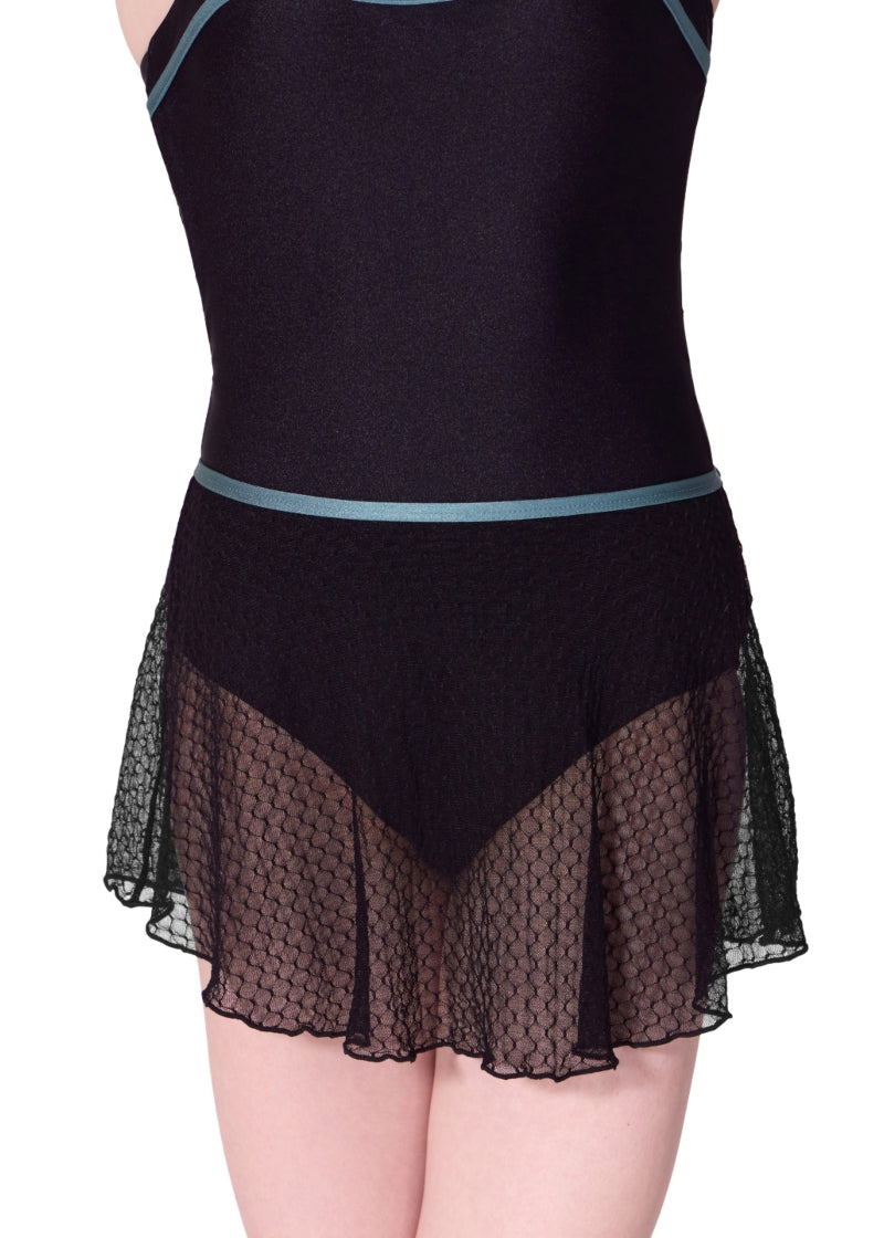 Capezio women's pull-on skirt in black textured mesh with teal waistband.