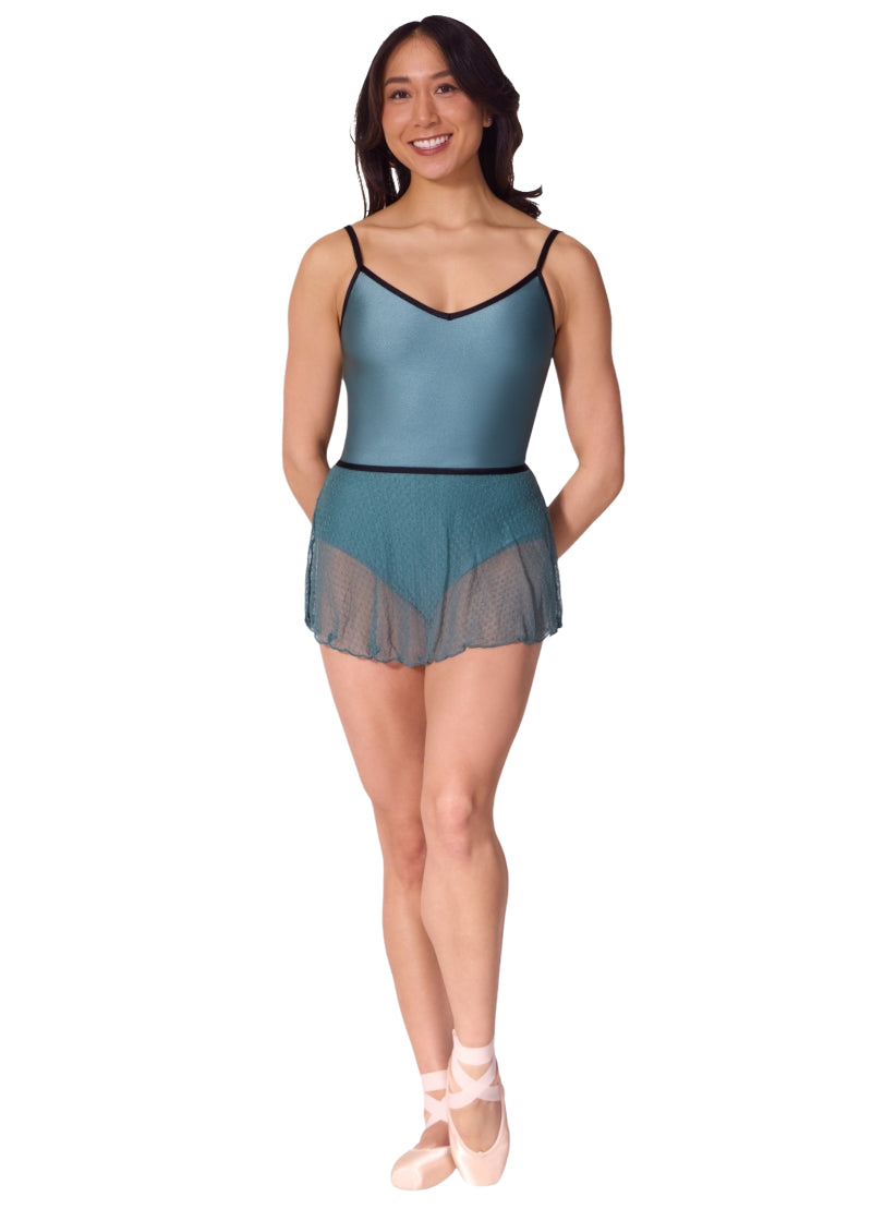 Capezio women's pull-on skirt in blueish green textured mesh with black waistband.