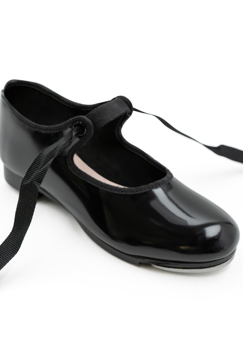 Capezio N65-PAT Jr. Tyette™ Tie-On Tap Shoe in Black Patent (shiny black pvc) with elastic strap under ribbon ties