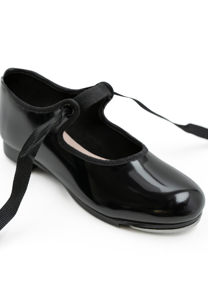 Capezio N65-PAT Jr. Tyette™ Tie-On Tap Shoe in Black Patent (shiny black pvc) with elastic strap under ribbon ties