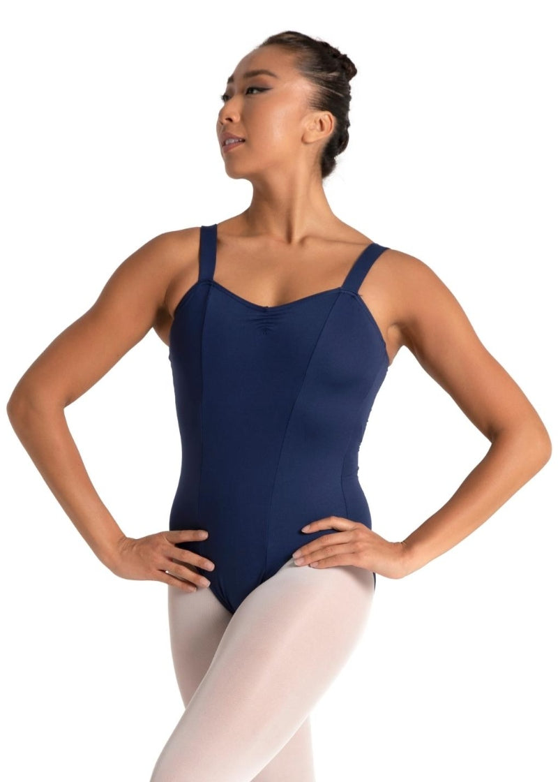 Capezio SE1012W wide strap camisole leotard in navy blue with pinch sweetheart neckline and princess seams