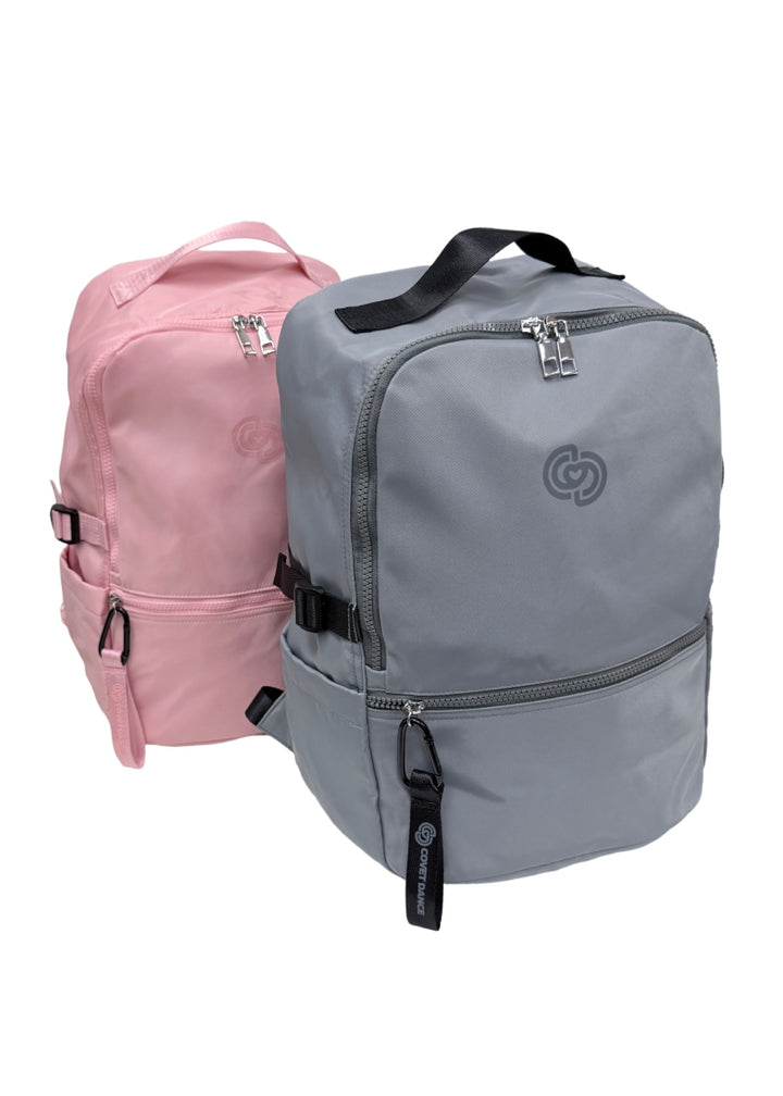 Covet Dance Bravo Backpack with multiple pockets and adjustable straps in Gray, also pictured in Pink