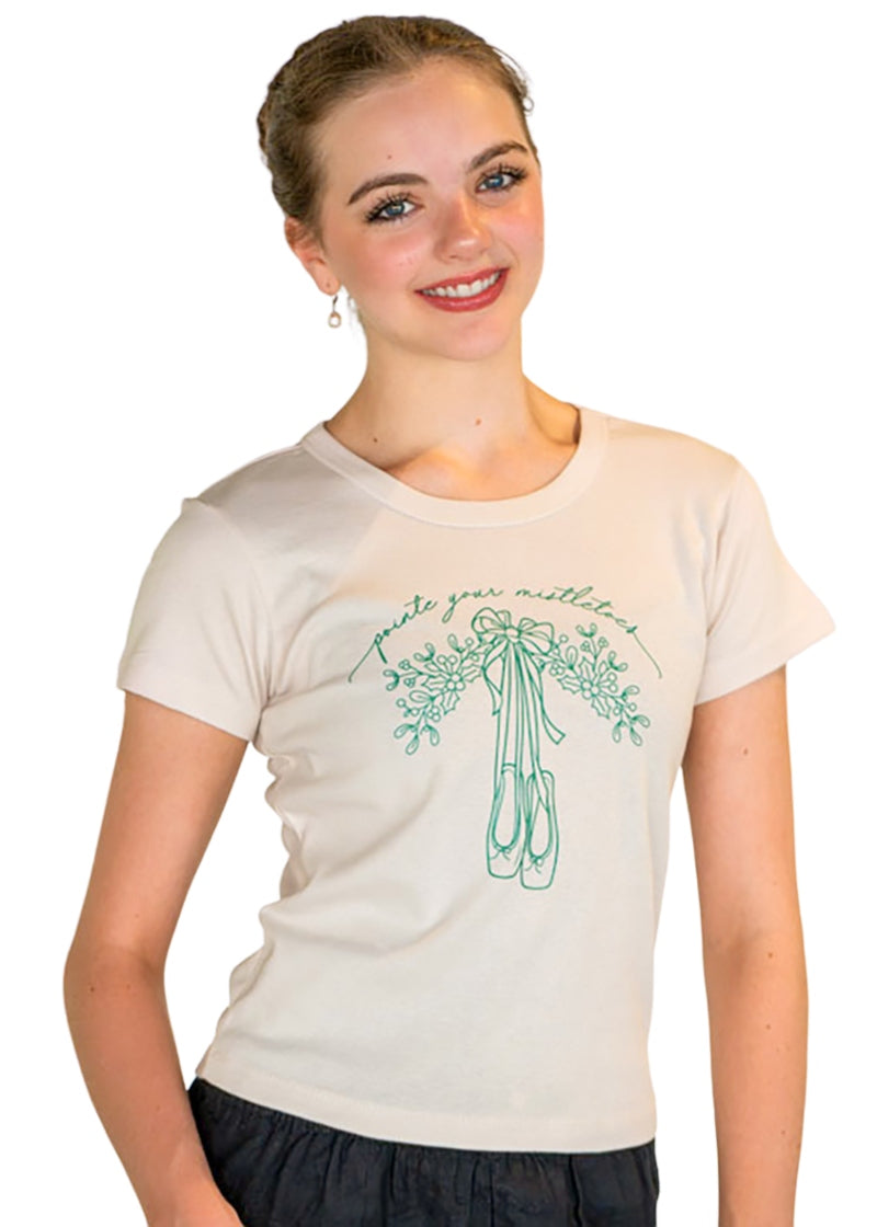 Covet women's tee in White with dark green screen printed pointe shoes and mistletoe with the words "pointe your mistletoes"