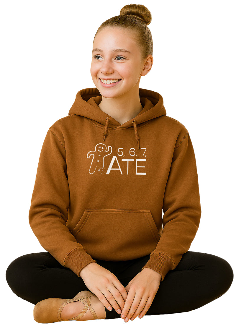 Covet Dance_567-HD_5, 6, 7, ATE Gingerbread Women's Hoodie with Front Pouch Pocket in a warm medium brown, shown on a seated dancer