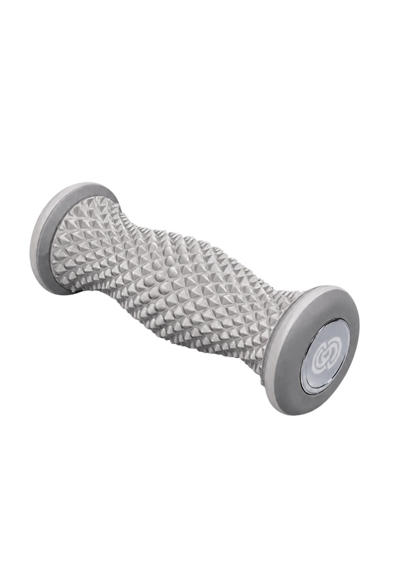 Covet Dance Arch Angel textured foot massage roller in gray, with silver Covet logo on the end.