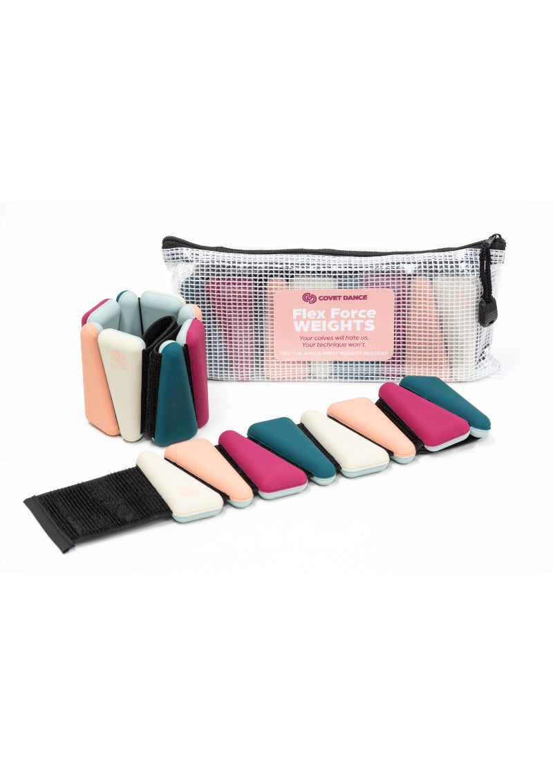 Covet Dance Flex Force Weights with multicolor silicone wrapped weights on velcro straps, with zipper case.