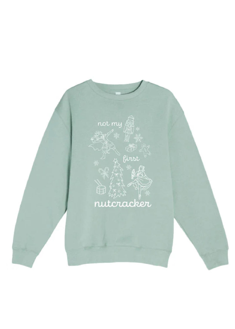 Covet Dance NMFN-SS Not My First Nutcracker Women's Crewneck Sweatshirt in Mint Green with Nutcracker Ballet-themed doodles printed in white