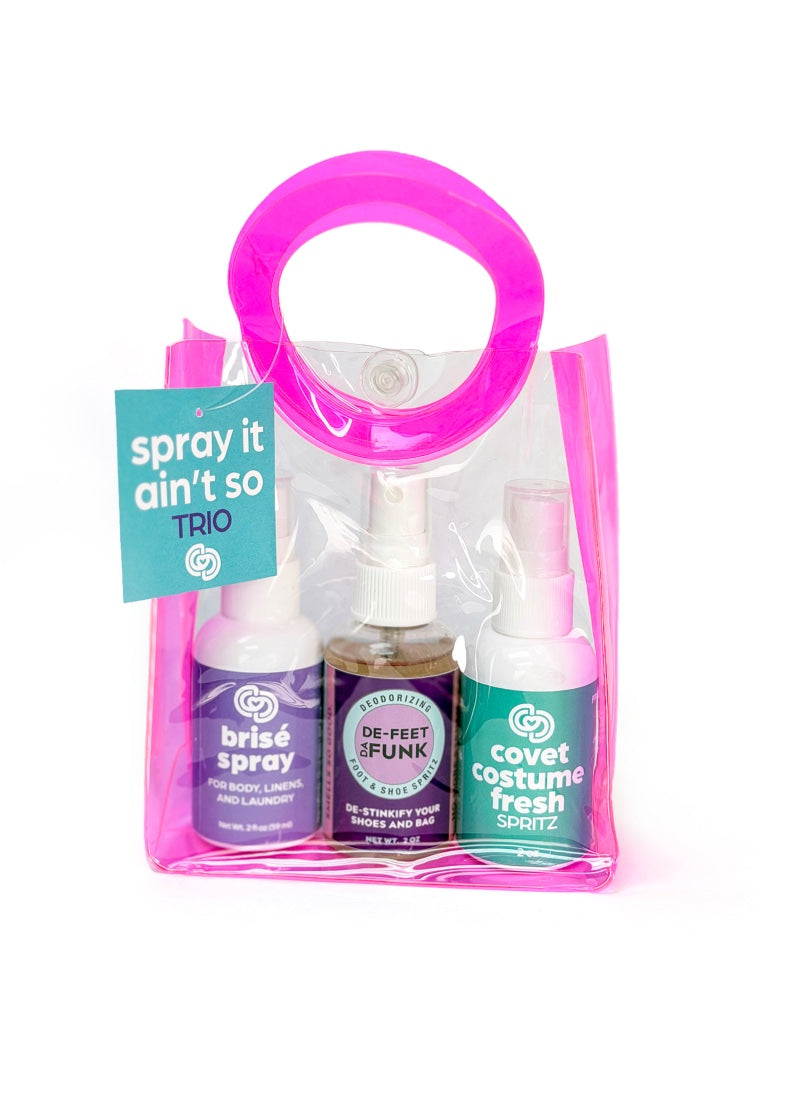 Covet gift set with brisé spray, de-feet da funk, and costume fresh spritz in pink and clear plastic gift bag.