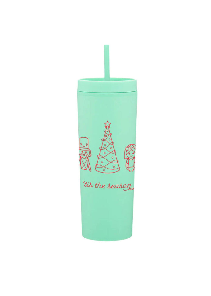 Mint green tumbler with red holiday line drawings and "'tis the season" in cursive.