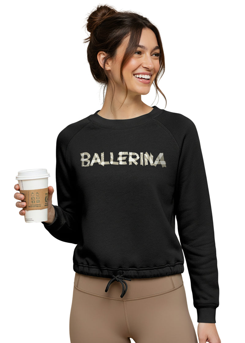 Covet Dance TTB-SS Women's Toe Tape Ballerina Crewneck Raglan Sleeve Sweatshirt in Black with Adjustable Drawstring Waistband