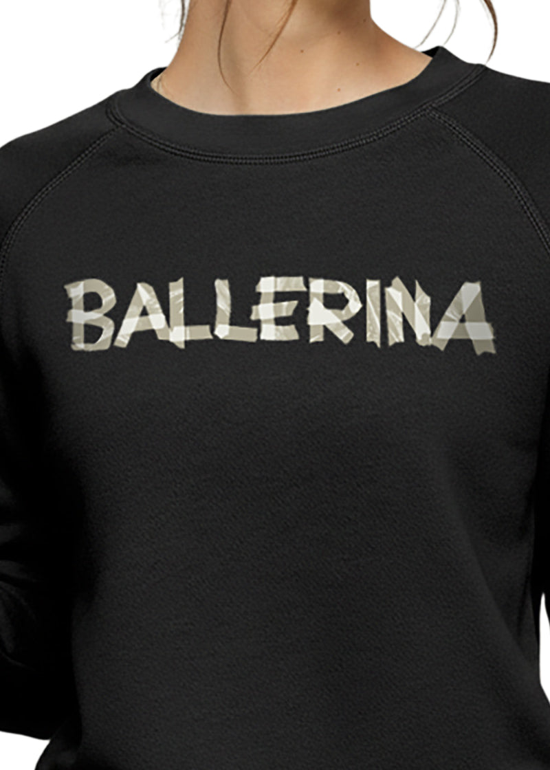 Covet Dance TTB-SS Women's Toe Tape Ballerina Crewneck Raglan Sleeve Sweatshirt in Black with Adjustable Drawstring Waistband