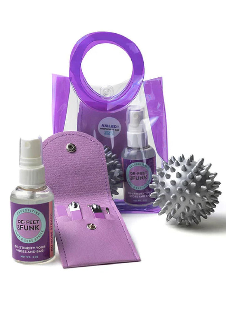 Covet Dance Dancer Foot Care Kit, including the Nailed It! nail care kit, DeFunk da Feet deodorizing spray, and a spiky massage ball