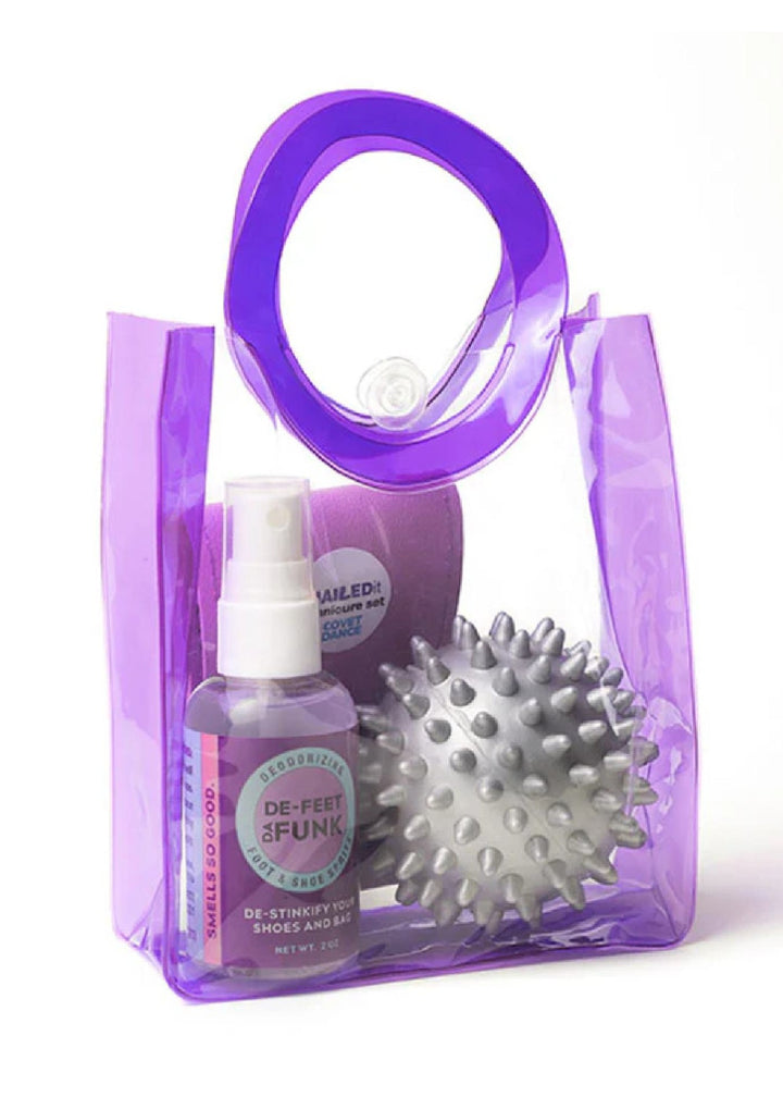 Covet Dance Dancer Foot Care Kit, including the Nailed It! nail care kit, DeFunk da Feet deodorizing spray, and a spiky massage ball
