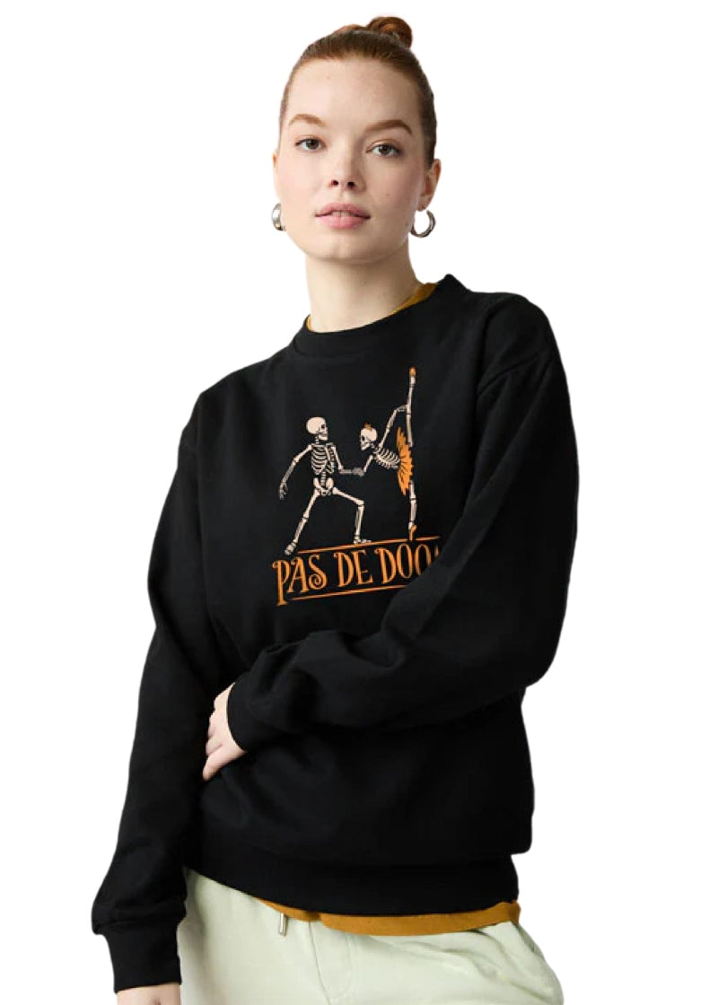 Covet Dance PDD-SS Women's Pas de Doom Halloween Sweater in Black, modeled by a ballet dancer