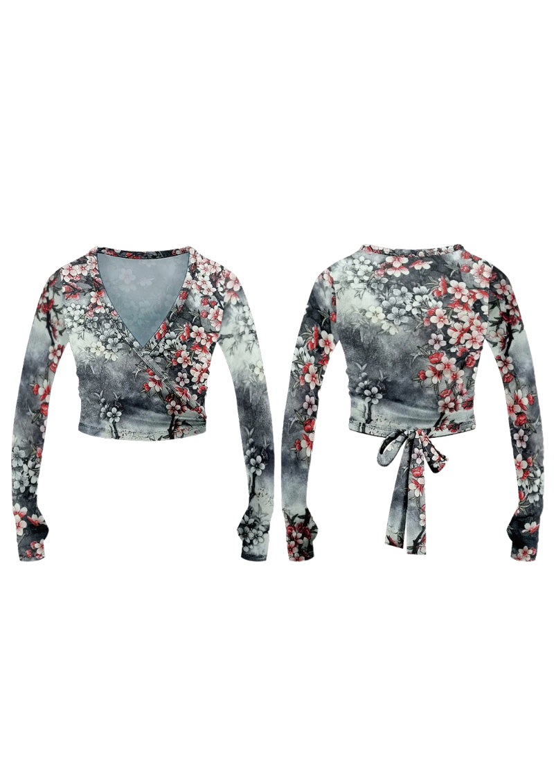 Danse de Paris C0011L Women's Velvet Crossover Wrap Sweater in Grey Blossom with reddish pink cherry blossom printed on a grey velvet background and long sleeves with thumbholes
