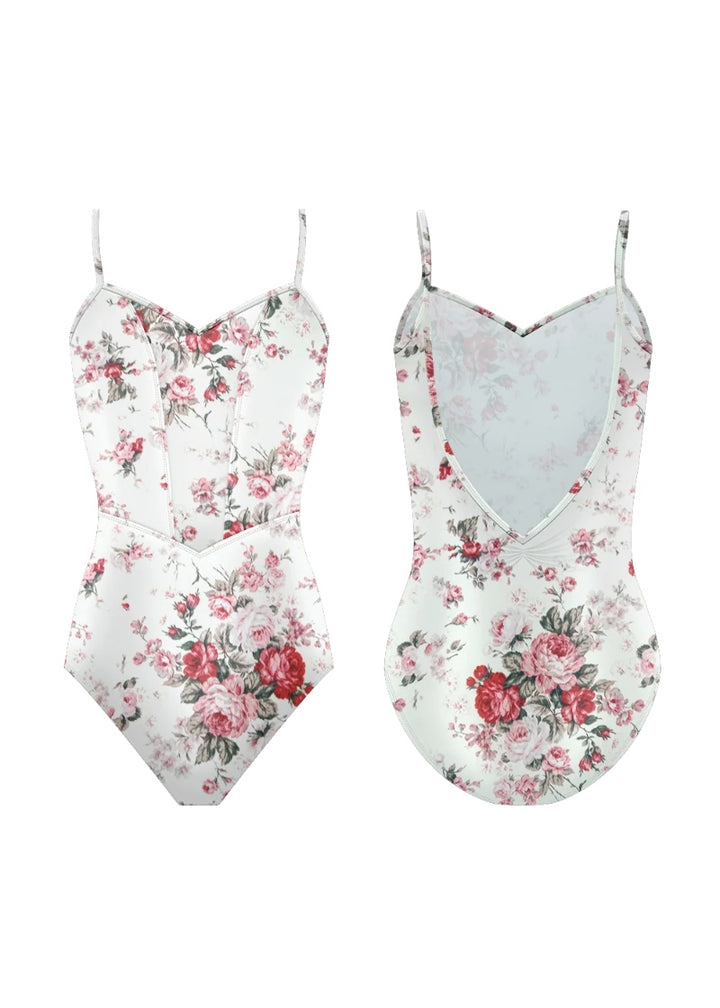 Danse De Paris Jardin camisole leotard with red rose pattern, open V back, V neckline, and princess seams