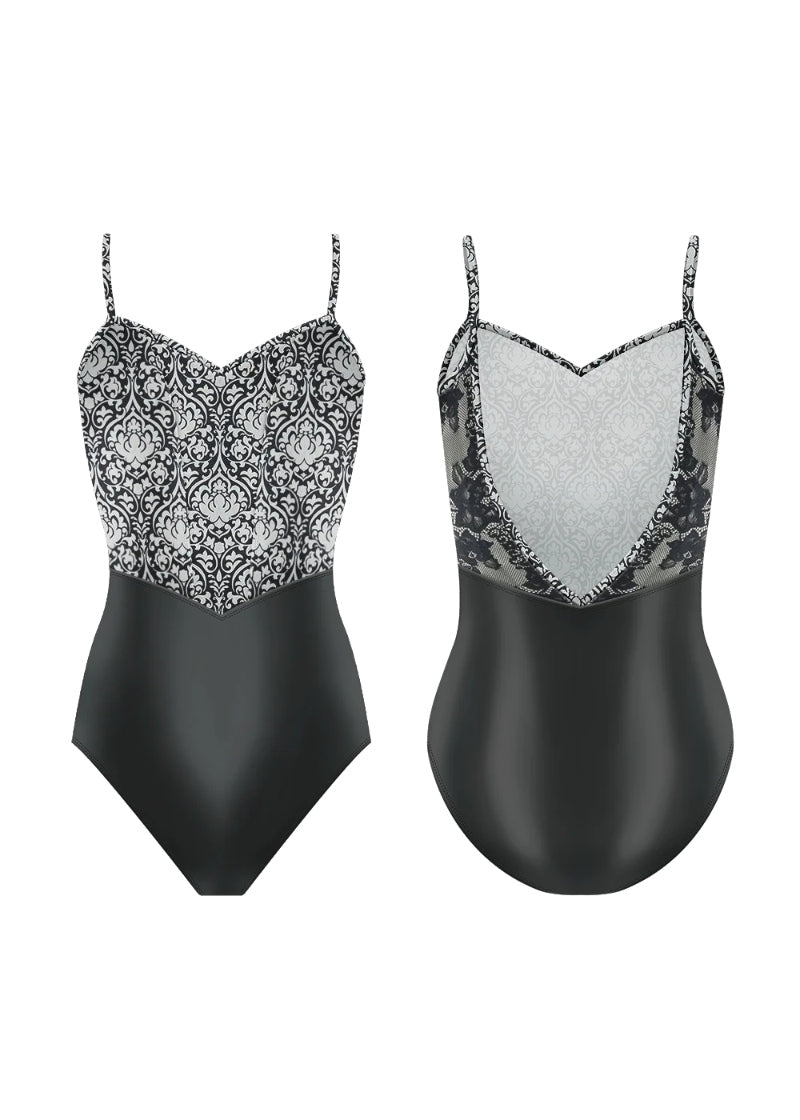 Danse de Paris black camisole leotard with off white lotus print, V back, and lace side panels