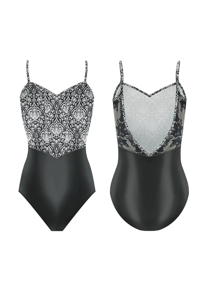 Danse de Paris black camisole leotard with off white lotus print, V back, and lace side panels