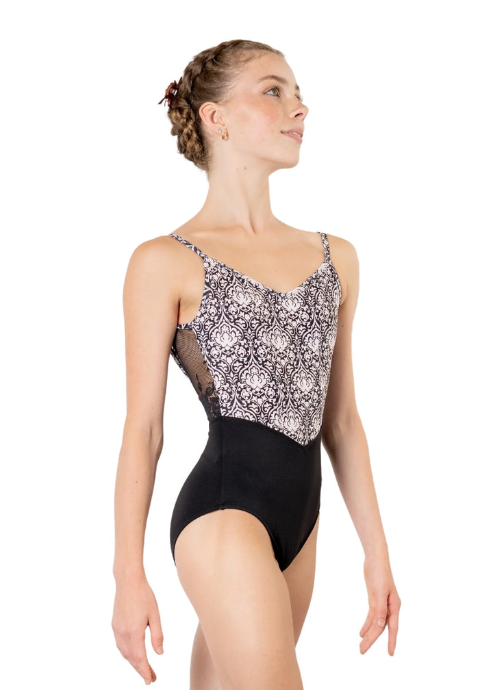 Danse de Paris black camisole leotard with off white lotus print
