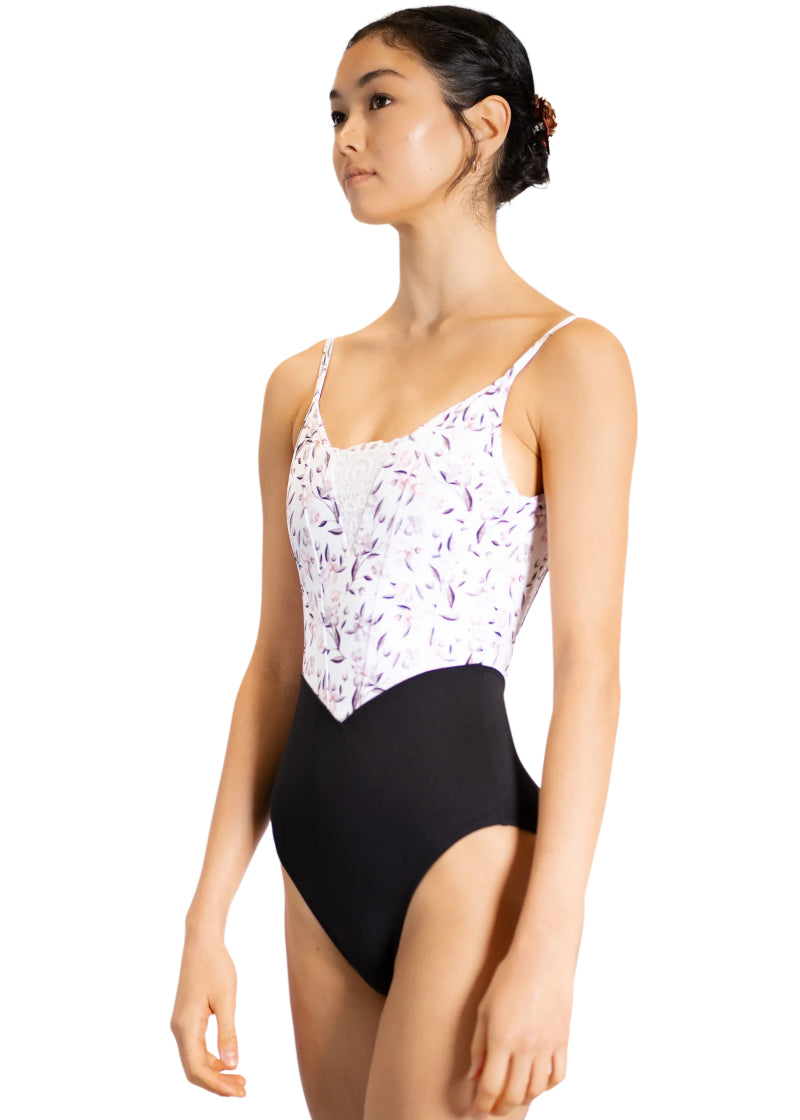Danse de Paris L0005L Women's Demi Antoinette Camisole Leotard in Petale Ebony Floral Purple Black, with white lace v-neck insert, shown on a ballet dancer