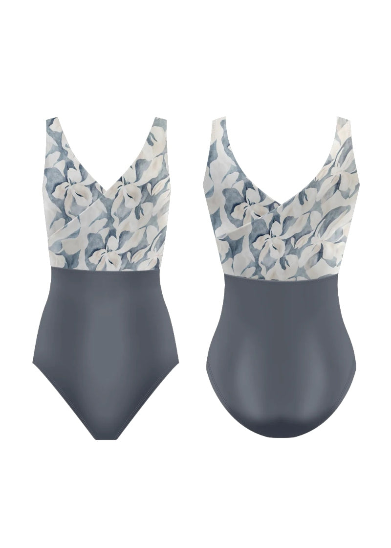 mock wrap tank leotard with gray base and white and gray floral bust