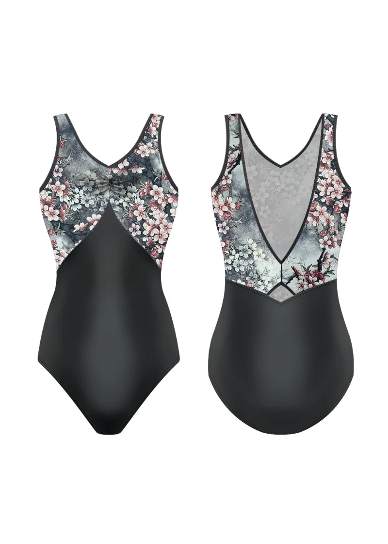 black pinch front tank leotard with gray and floral velvet bust