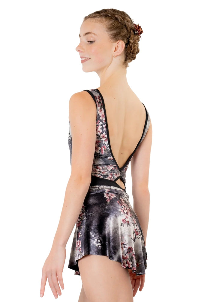 black pinch front tank leotard with gray and floral velvet bust, pictured with matching skirt