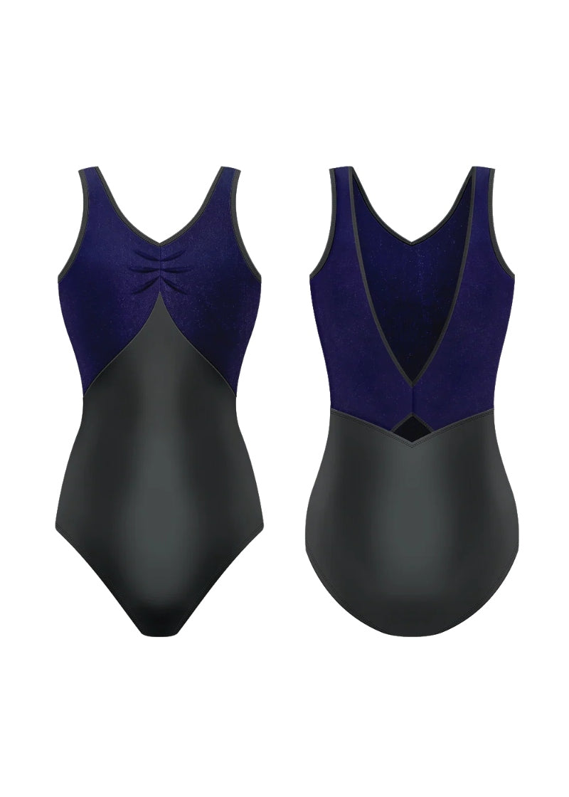 black pinch front tank leotard with blue velvet bust