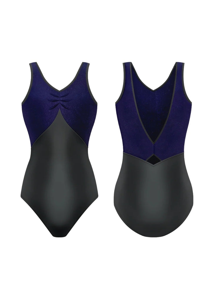 black pinch front tank leotard with blue velvet bust