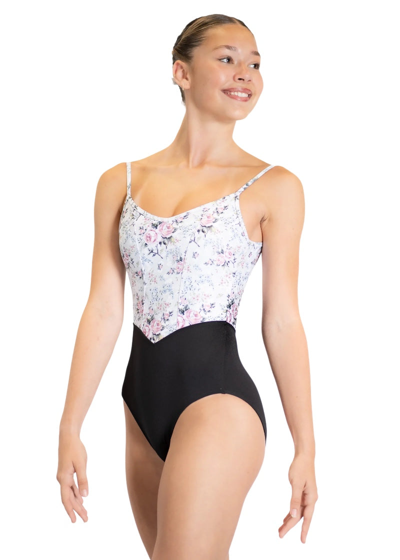 Danse de Paris women's Demi Jardin camisole leotard with floral print on white bodice with princess seams and black bottom.