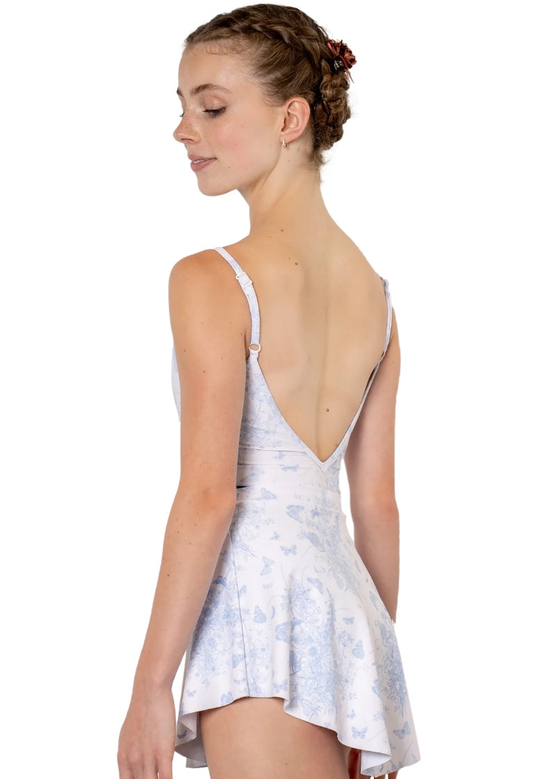 Danse de Paris white pull-on skirt with blue butterfly pattern, pictured with matching camisole leotard