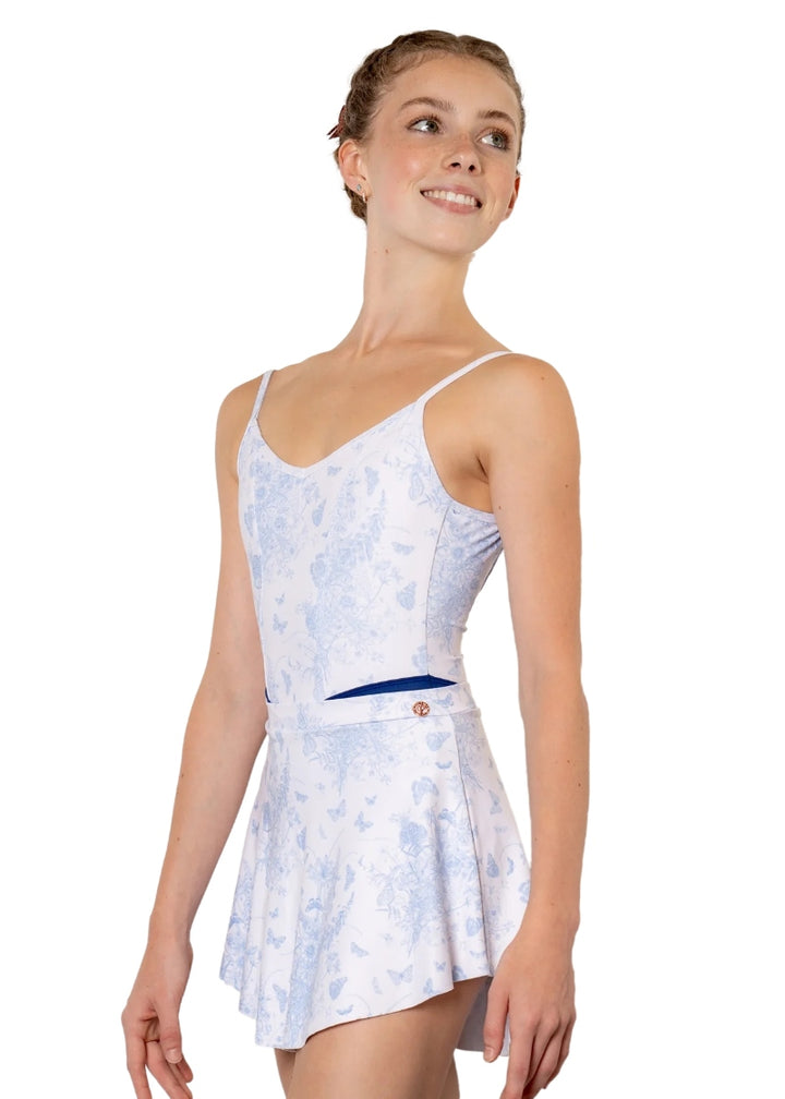 Danse de Paris white pull-on skirt with blue butterfly pattern, pictured with matching camisole leotard