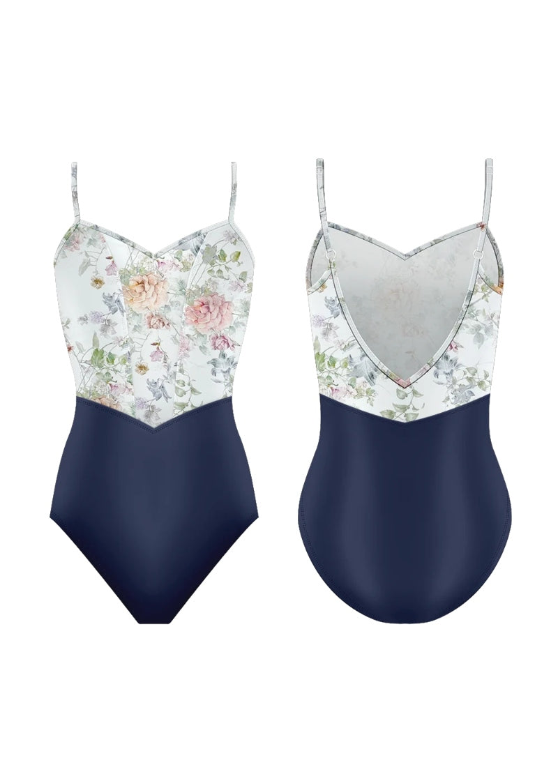 Danse de Paris camisole leotard with navy base, white bodice with multicolor florals, deep V back, and princess seams