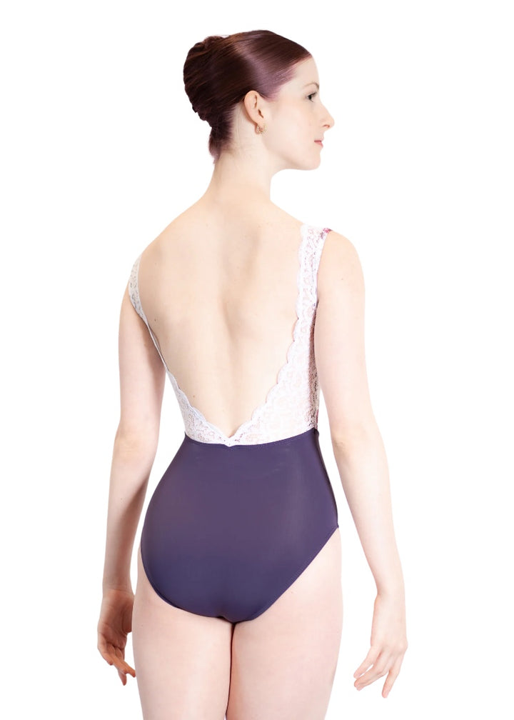 Danse de Paris women's Demi Moulin tank leotard with white lace panels, deep v-back, and purple bottom.