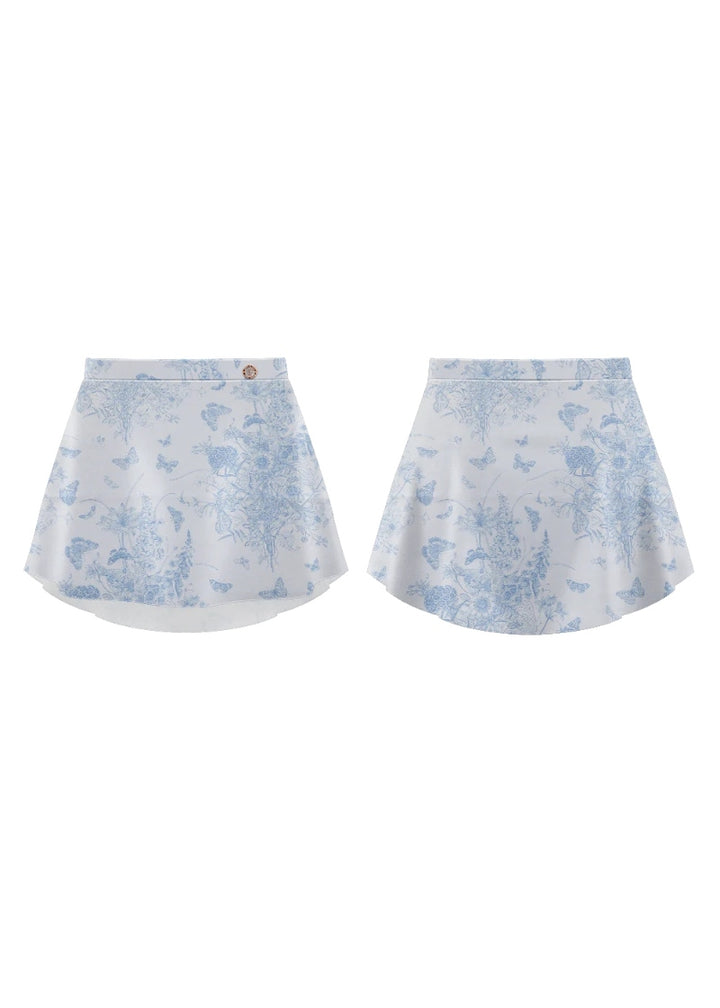 Danse de Paris white pull-on skirt with blue butterfly pattern