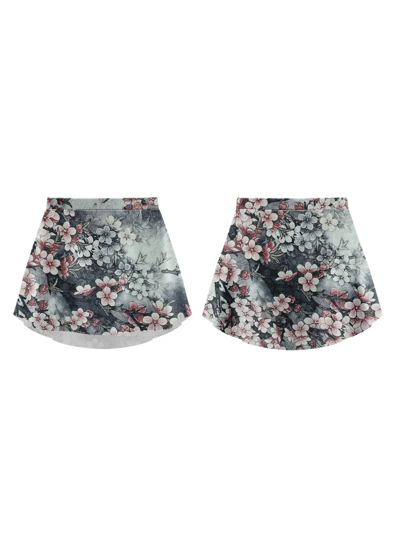 front and back view of gray velvet pull-on dance skirt with cherry blossom pattern