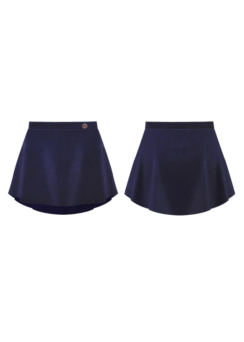 front and back view of blue velvet pull-on dance skirt