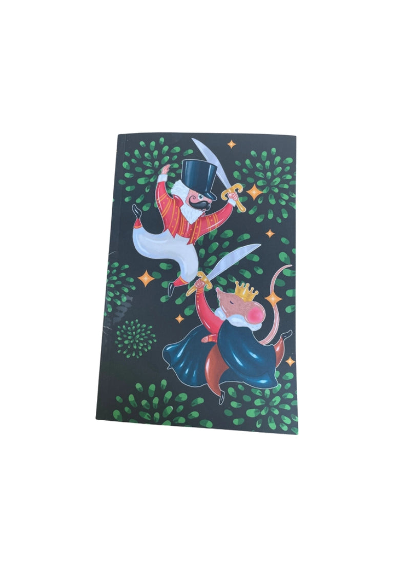 Nutcracker and mouse king fighting with swords on green background.