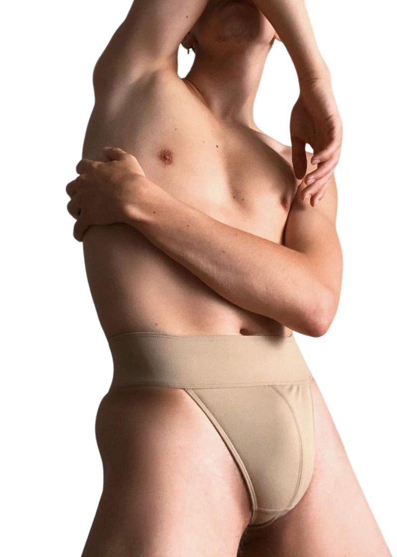 Beige thong dance belt.