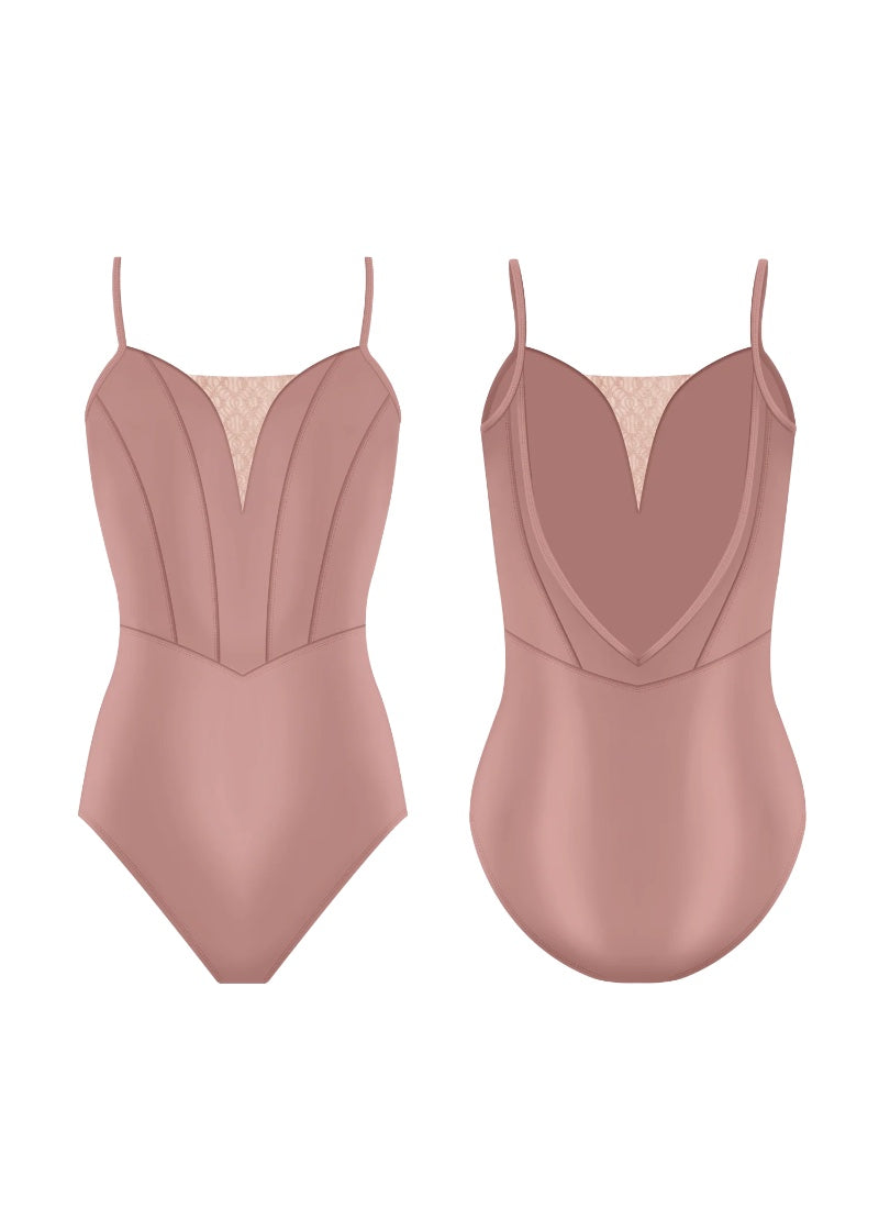 Danse de Paris women's Antoinette camisole leotard in blush pink with Basque waist seam, princess seams, and lace insert v-neckline.