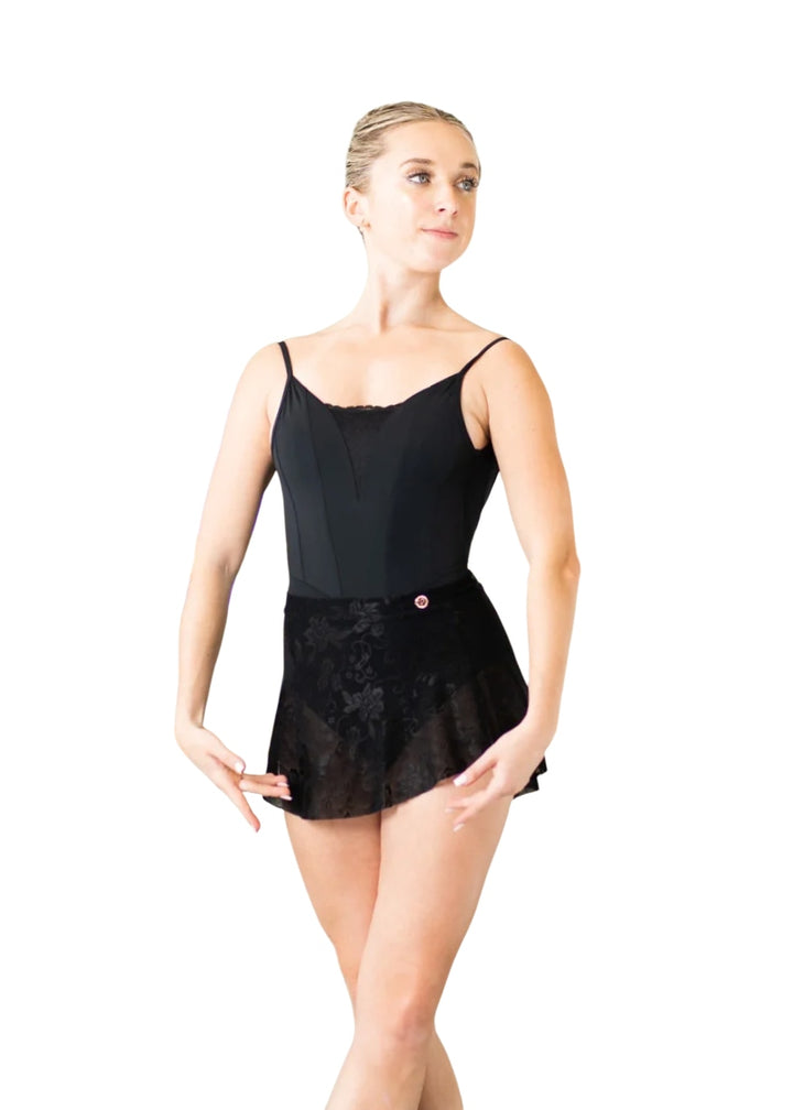 Danse de Paris L0015L women's Antoinette camisole leotard in black with Basque waist seam, princess seams, and lace insert v-neckline