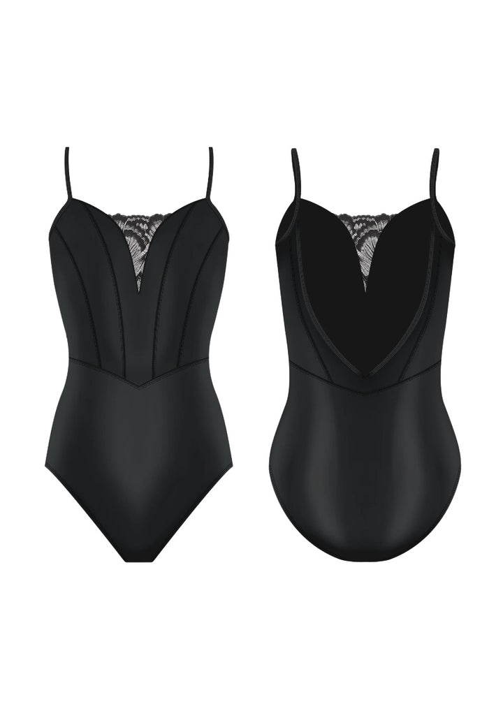 Danse de Paris women's Antoinette camisole leotard in black with Basque waist seam, princess seams, and lace insert v-neckline.