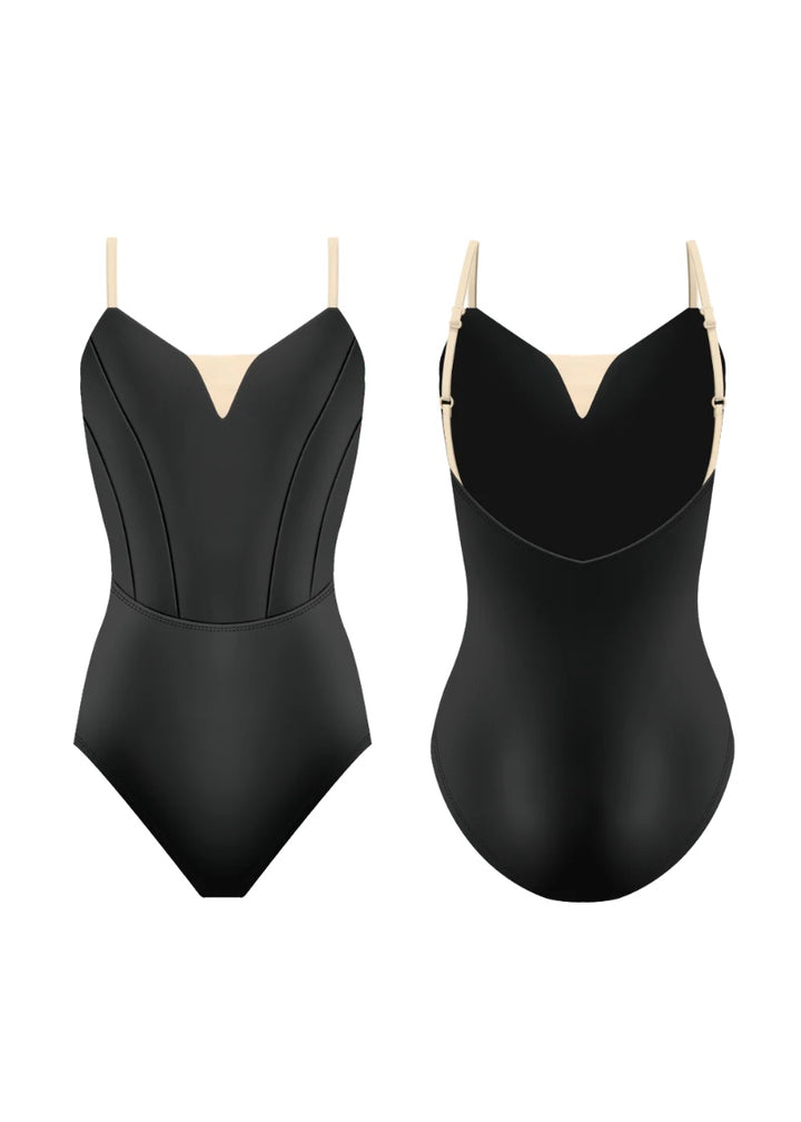 Danse de Paris L0019L women's Chloe camisole leotard in black with adjustable straps, princess seams, and mesh insert v-neckline.