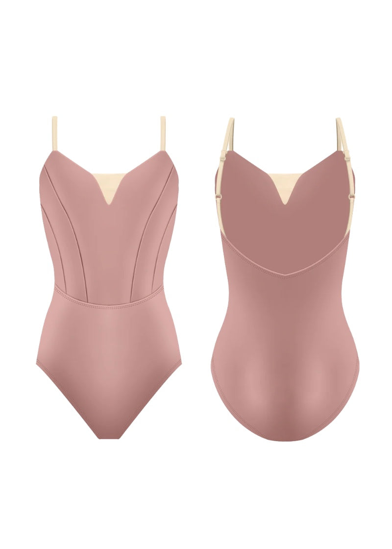 Danse de Paris women's Chloe camisole leotard in blush pink with princess seams, adjustable straps, and mesh insert v-neckline.