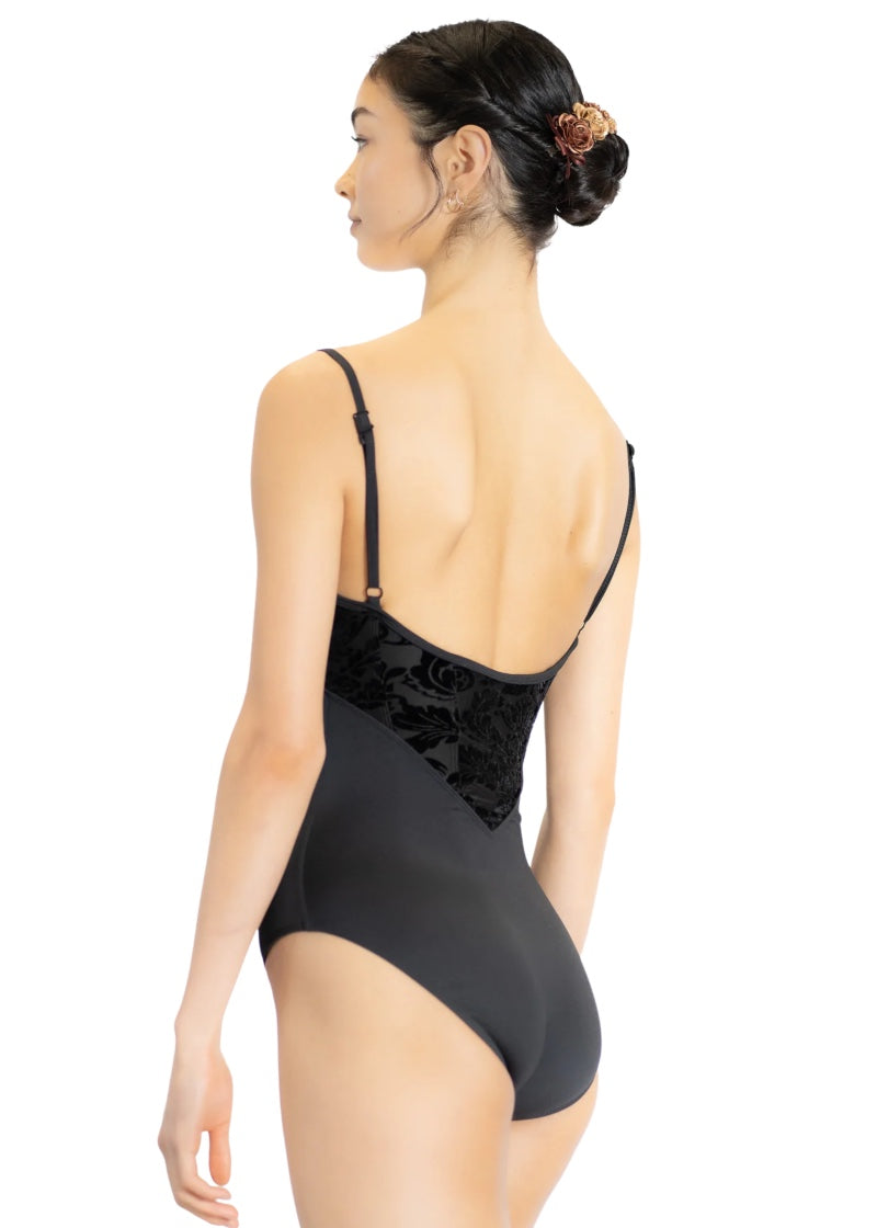 Danse de Paris women's Cherie camisole leotard in black with adjustable straps, velvet bodice, and Basque waist.