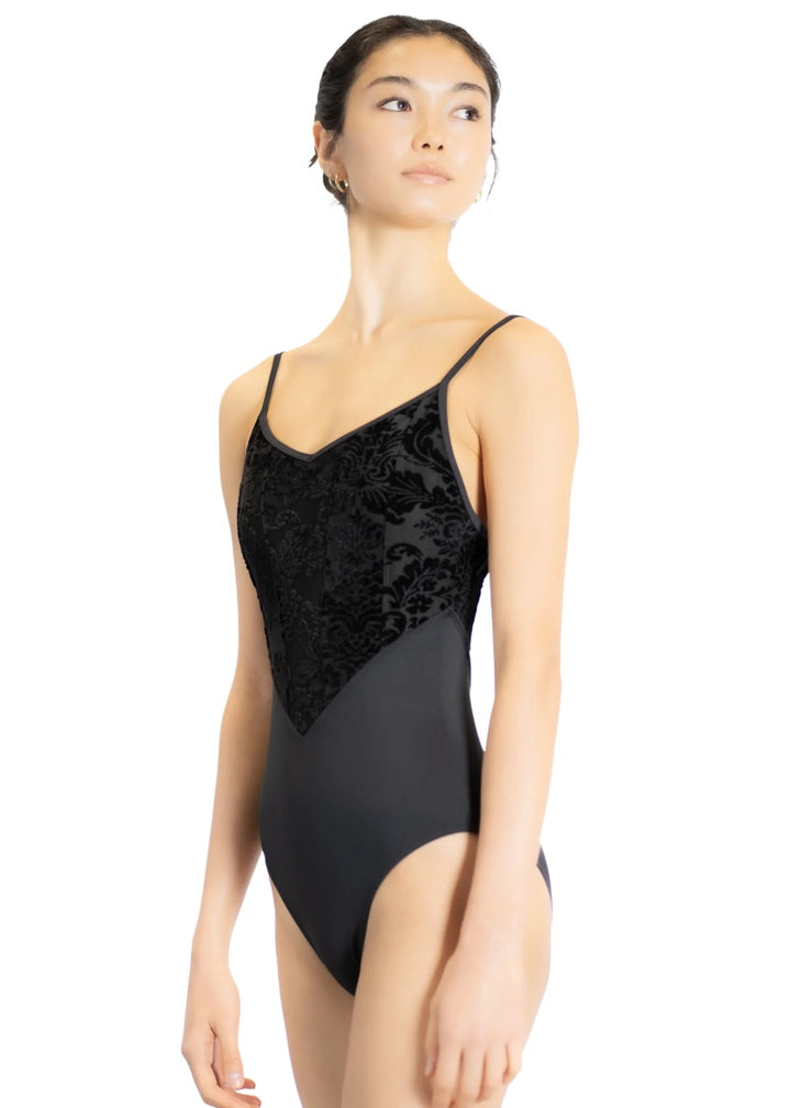 Danse de Paris women's Cherie camisole leotard in black with velvet paneled bodice and Basque waist.