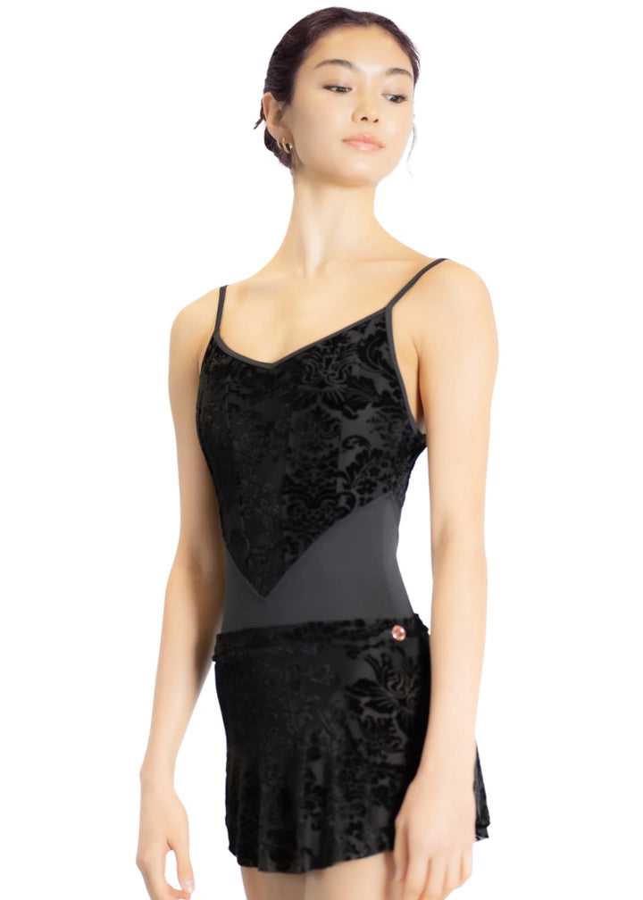 Danse de Paris women's Cherie camisole leotard in black with velvet paneled bodice and basque waist.