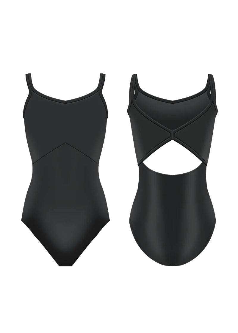 Danse de Paris women's Evie tank leotard in black with empire waist seam and bow-shaped open back.