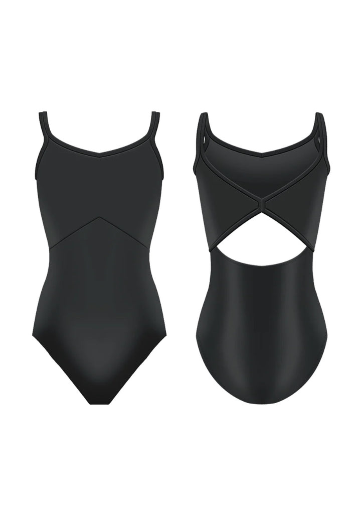 Danse de Paris women's Evie tank leotard in black with empire waist seam and bow-shaped open back.